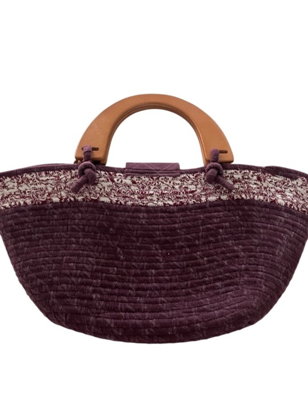 Plum Woven Tote Bag with Tan wooden handles handmade